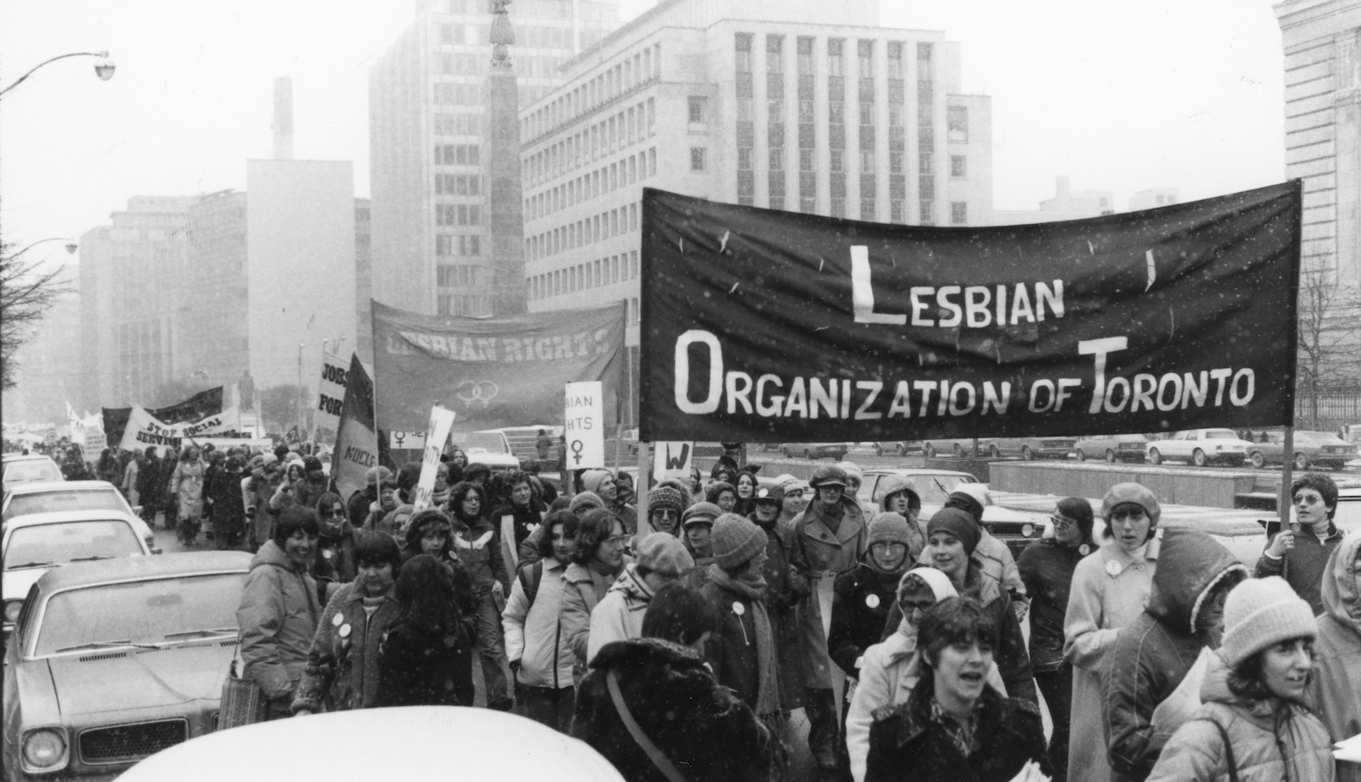 Lesbian Organization of Toronto (LOOT) marching for International Women's Day 1980. Photograph by Gerald Hannon