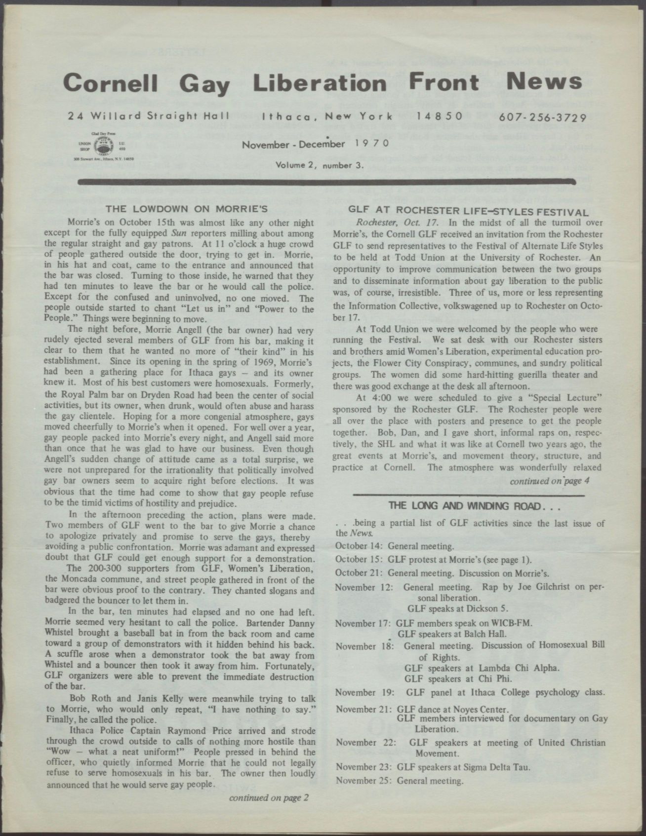 Cornell Gay Liberation Front News_November-December 1970_Page 1